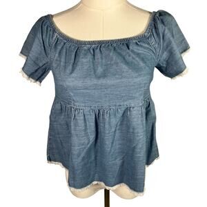Romeo + Juliet Couture Denim Peplum Top M Medium Frayed Hem Puff Sleeve Boho